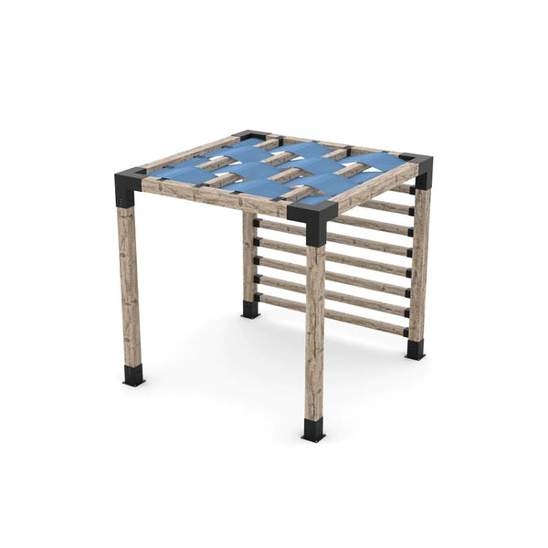 Toja Grid Pergola Kit with 4x4 KNECT Post Wall and Wave Shades for 6x6 Wood Posts, 8' x 8' -Denim