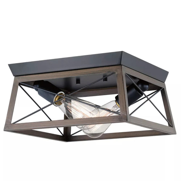 Progress Lighting Briarwood 2-Light Black Flushmount Light Fixture with Rich Oak Accents