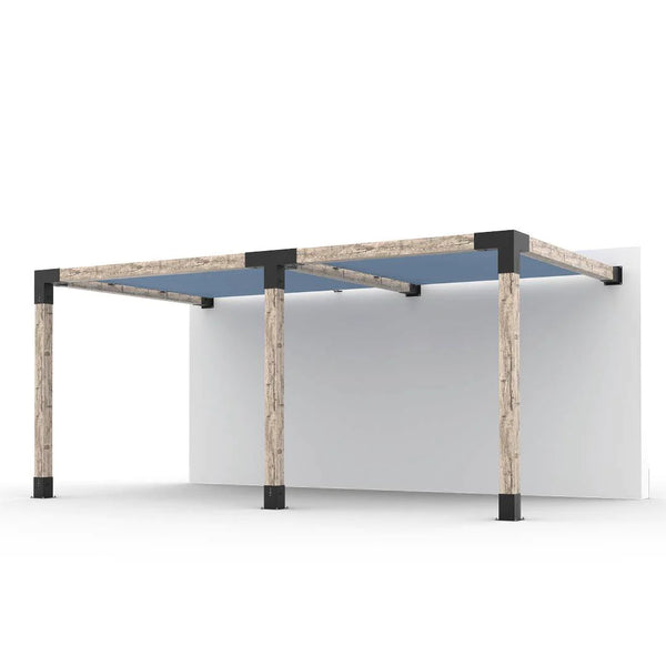 Toja Grid Double Wall Mount Pergola with 2 SHADE SAILS for 6x6 Wood Posts, 10' x 18' -Denim
