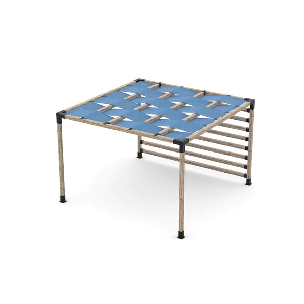 Toja Grid Pergola Kit with 4x4 KNECT Post Wall and Wave Shades for 4x4 Wood Posts, 12' x 12' -Denim